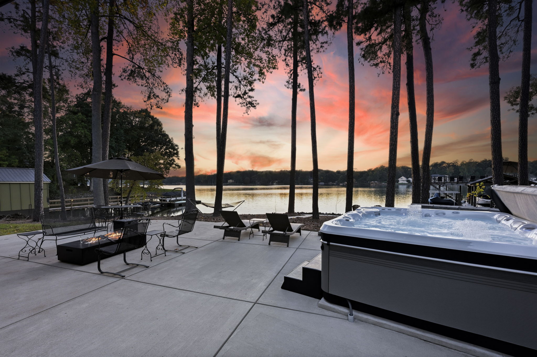 Back patio and hot tub at twilight