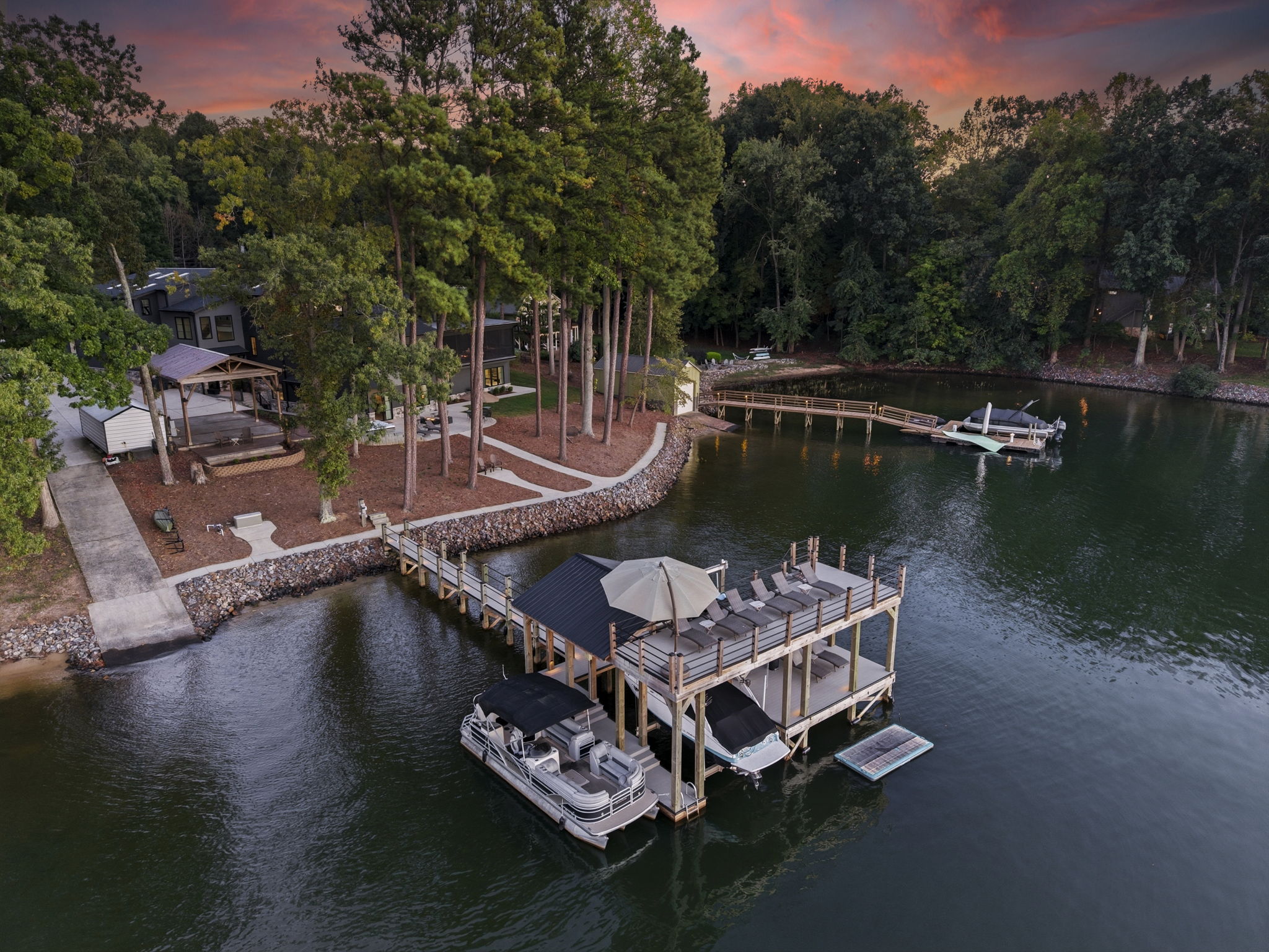 Aerial view of the dock and yard at sunset